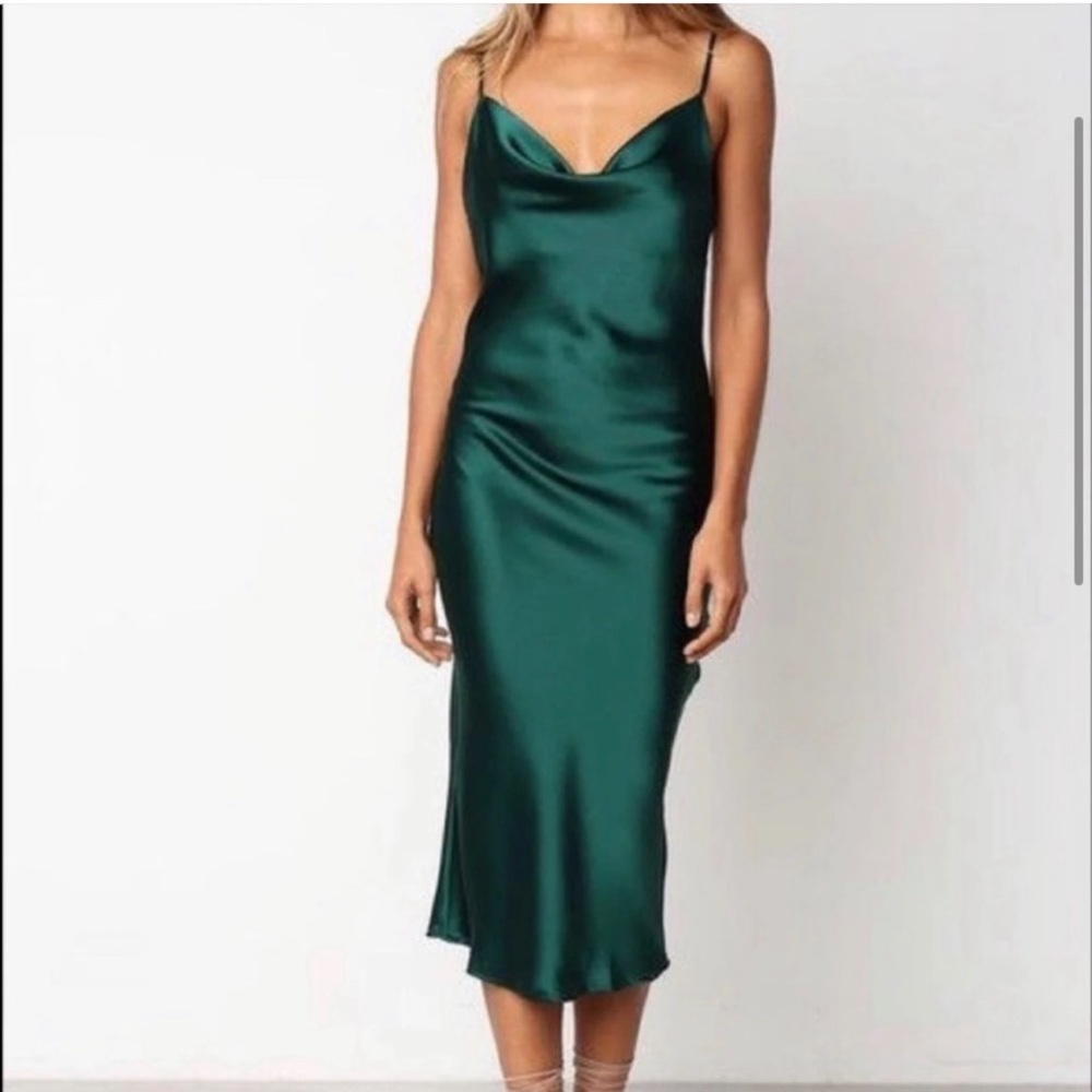Zara Dark Green Satin Cowl Neckline Midi Slip Dress
